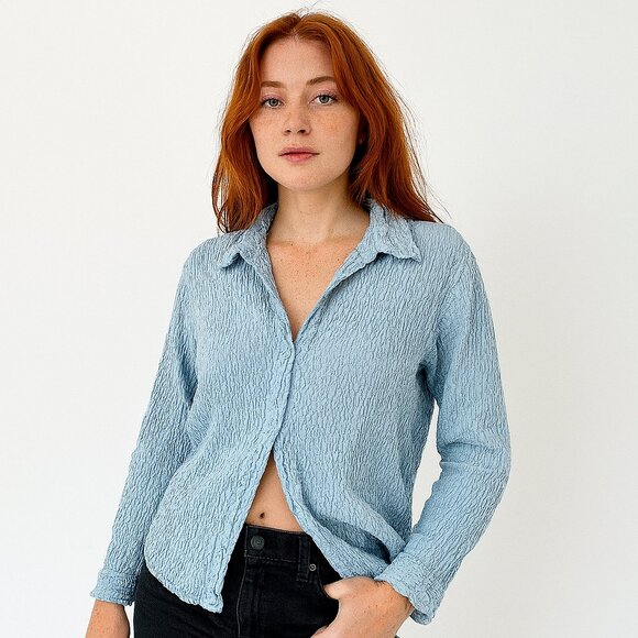 FADED GLORY VINTAGE 90s Textured Crinkle Hook & Eye Shirt Sky Blue XL - Picture 1 of 8